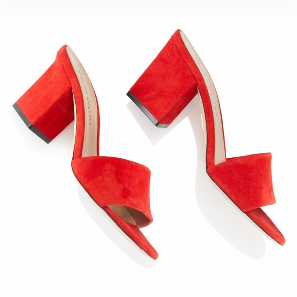TAMARA MELLON ROCHE RED SUEDE SLIDES WITH WRAPPPED TRIANGLE HEEL SIZE EU 38